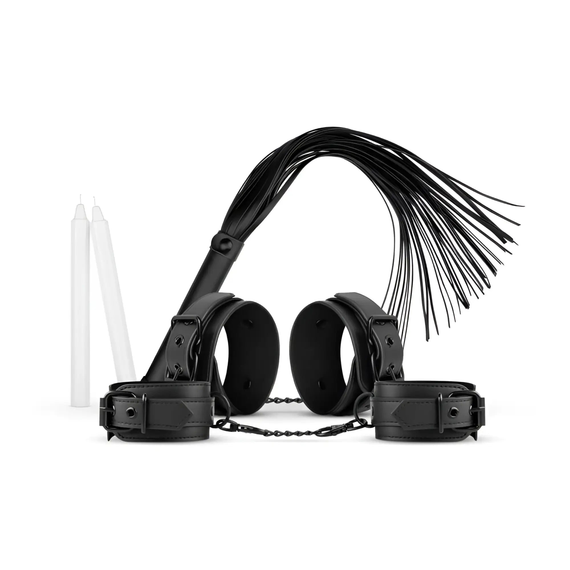 Black leather flogger with chain and cuffs from bedroom fantasies kinky bondage set 5 pc black for adult play