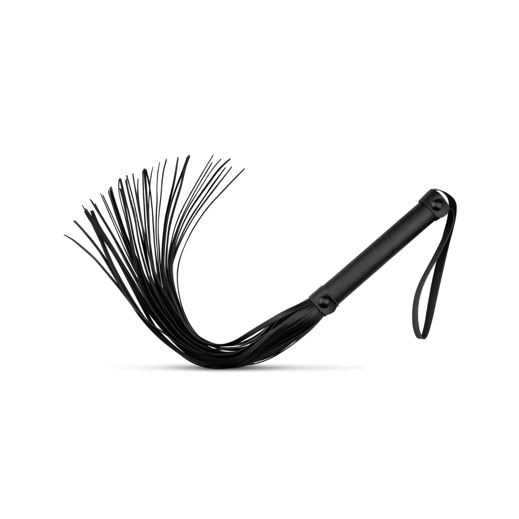 Black leather flogger with sleek handle and multiple thin flexible strands from bedroom fantasies kinky bondage set 5 pc black
