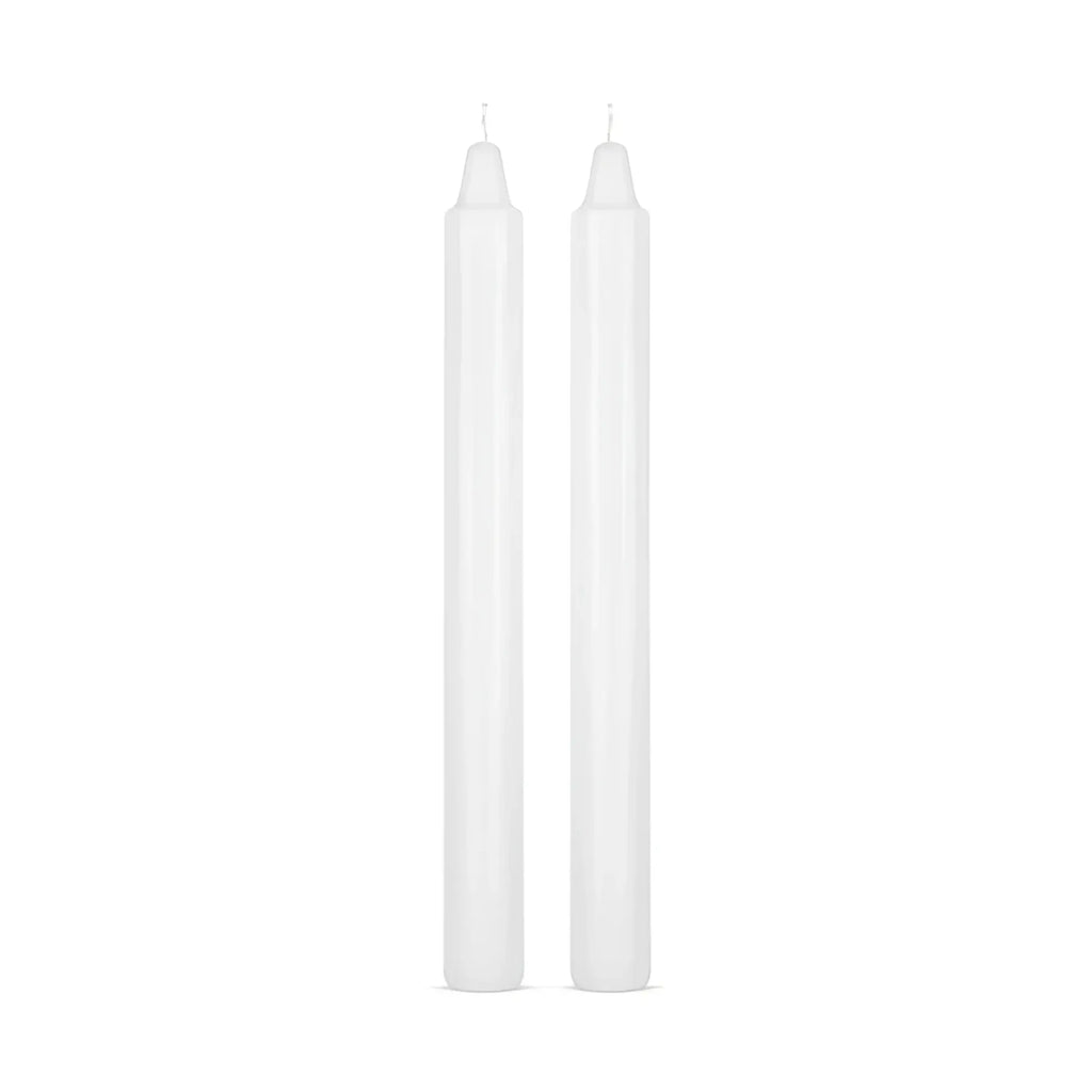 Two sleek translucent white taper candles with smooth cylindrical bodies in bedroom fantasies kinky bondage set 5 pc black