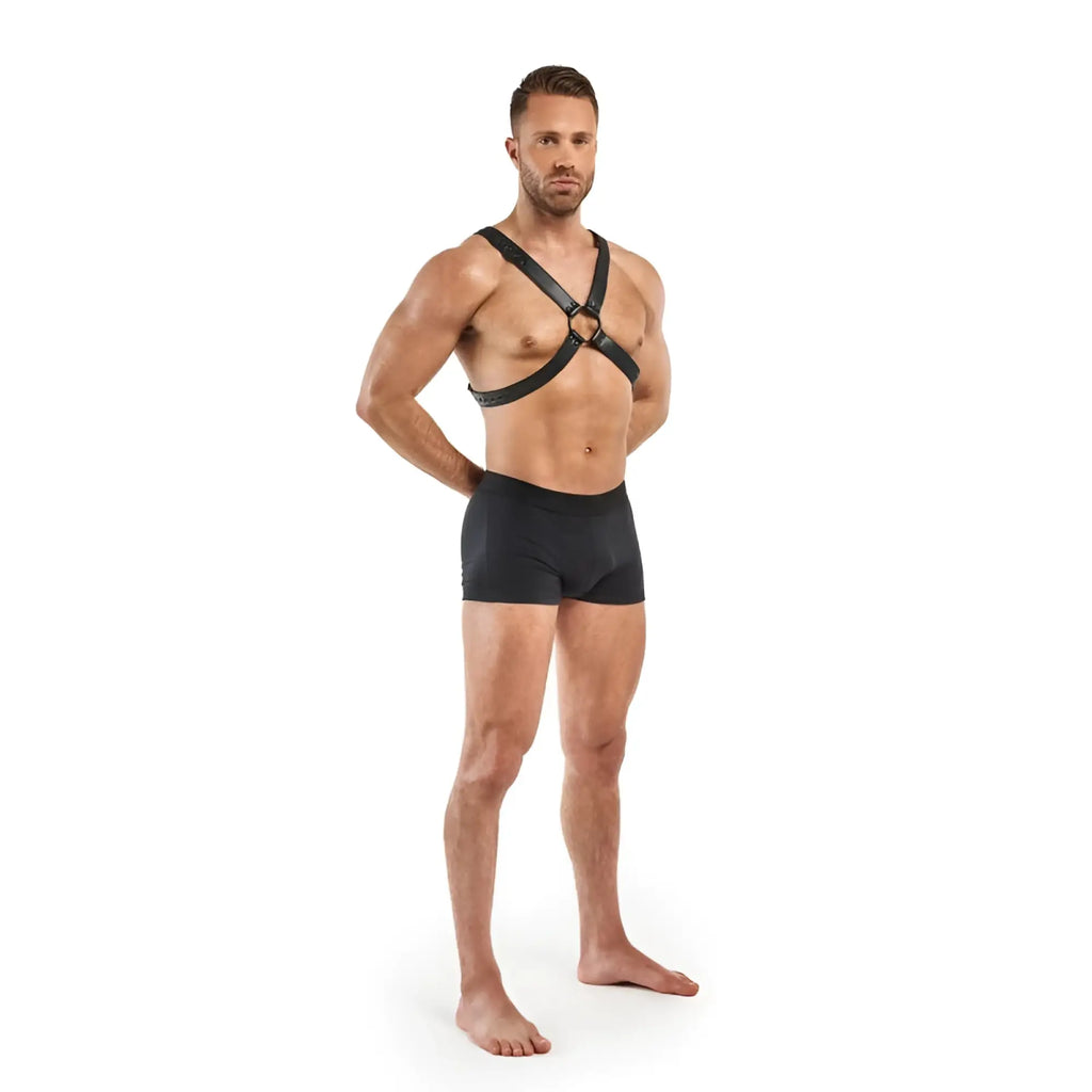 Black leather bedroom fantasies lionel bondage harness with adjustable straps and central ring detail