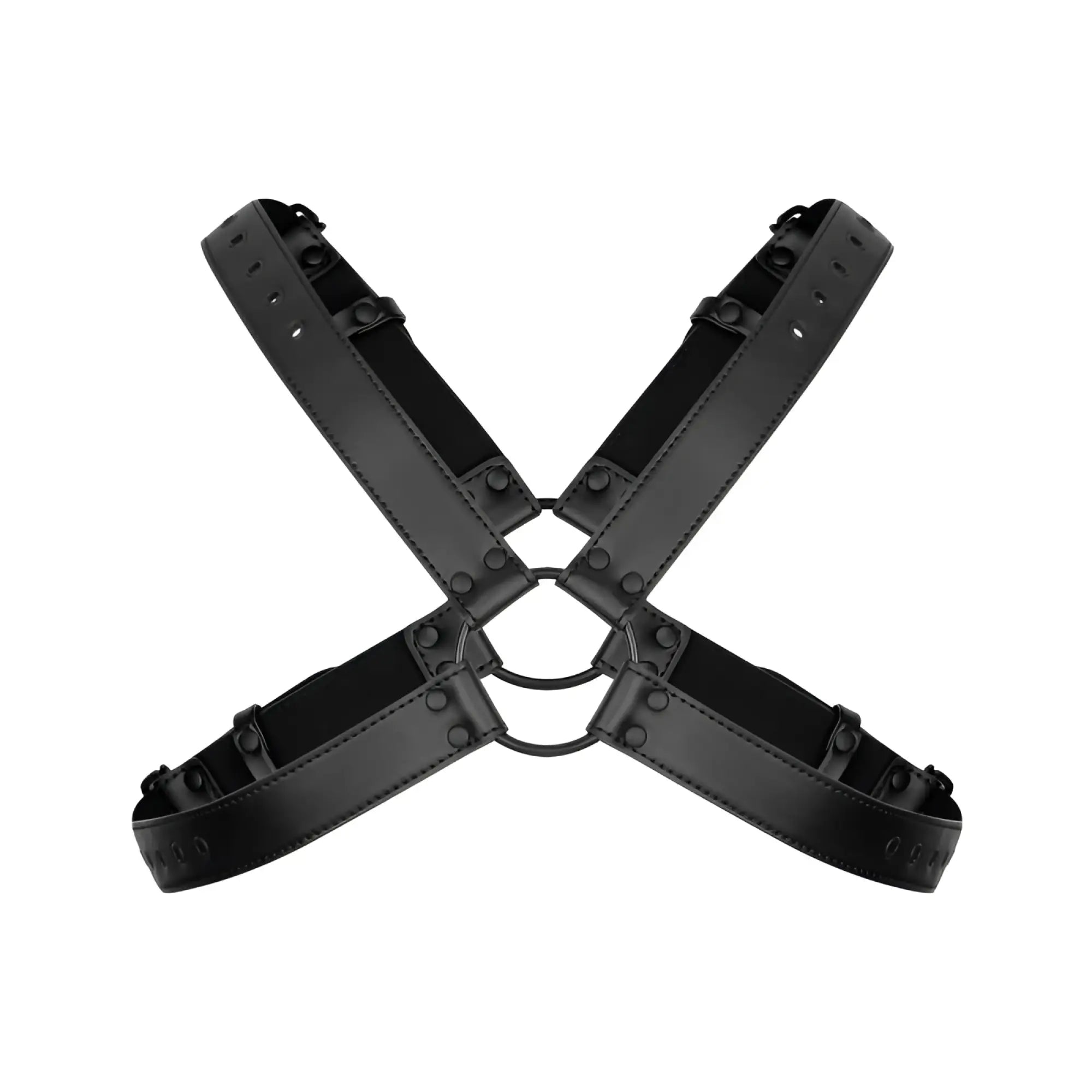 Black leather bedroom fantasies lionel bondage harness with adjustable straps and metal hardware