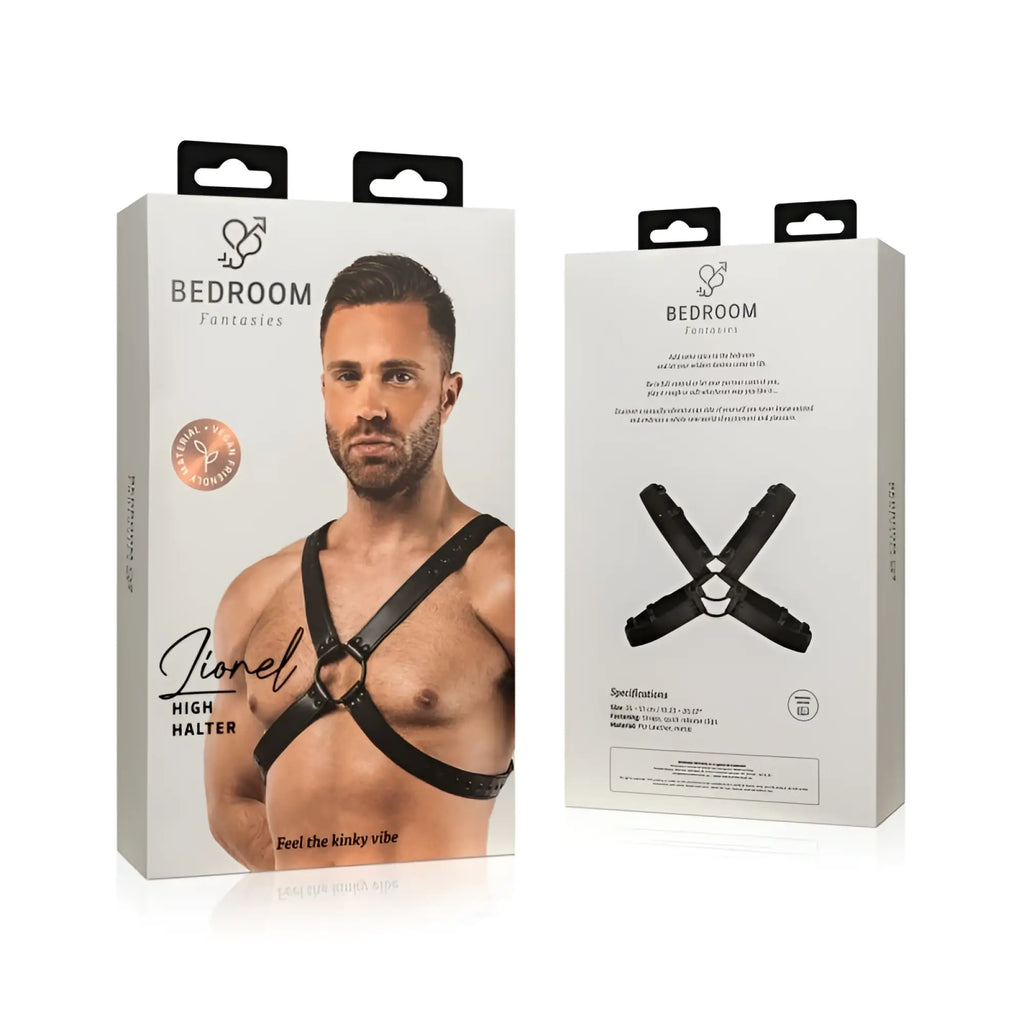 Black leather high halter bondage harness by bedroom fantasies designed for stylish intimate use