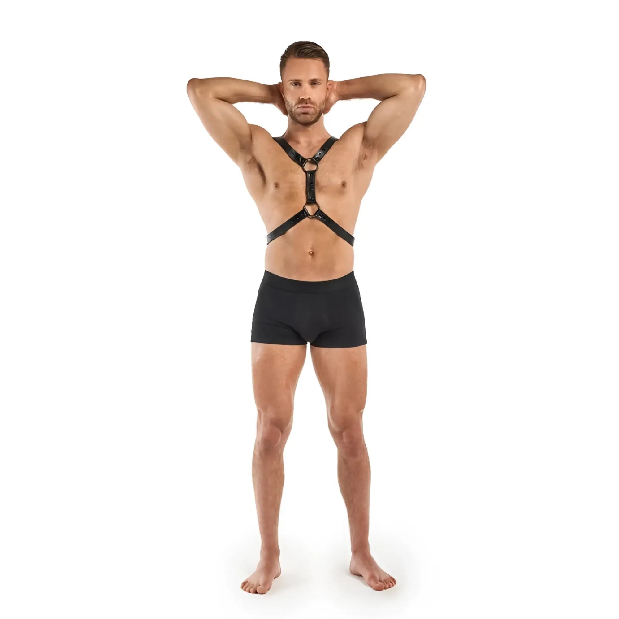 Black leather bedroom fantasies max bondage harness with adjustable straps and metal hardware shown from the back
