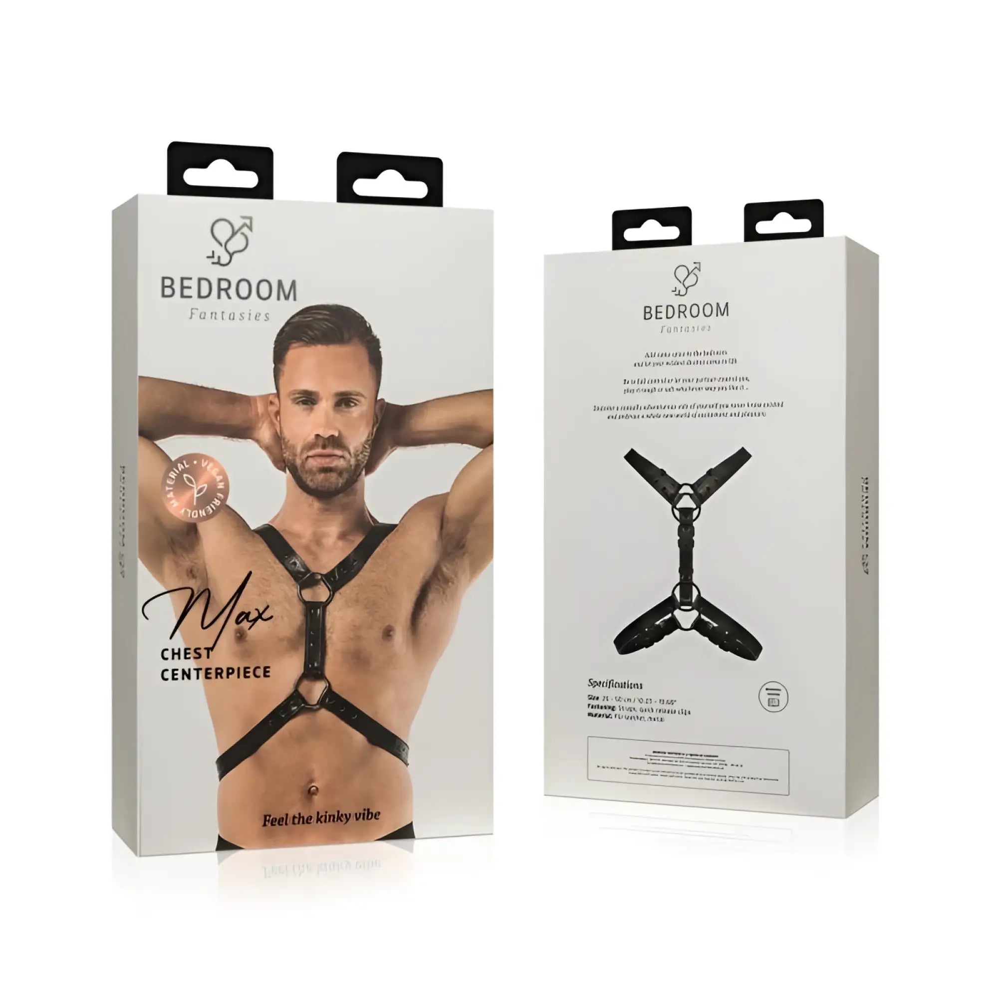 Black leather chest harness with adjustable straps and metal hardware from bedroom fantasies max bondage harness black