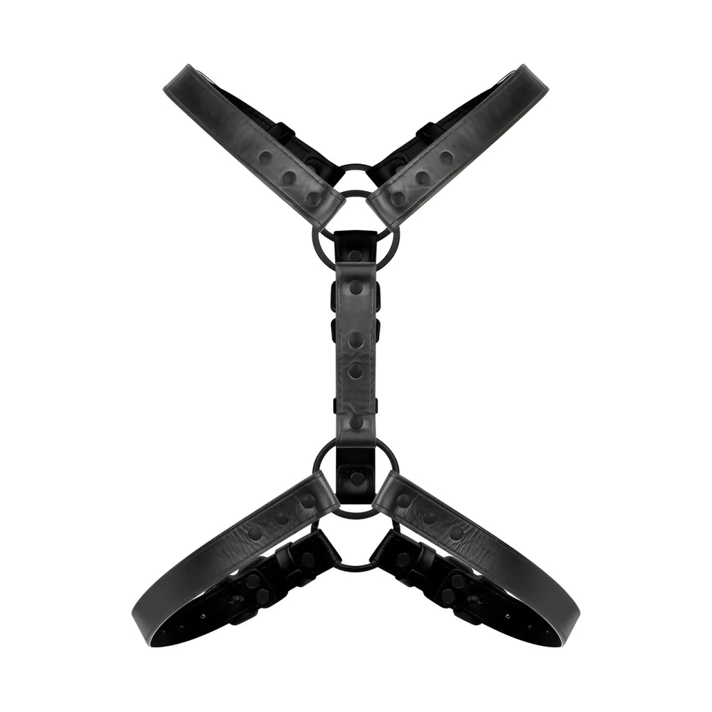 Black leather max bondage harness with reinforced straps and metal hardware for bedroom fantasies use