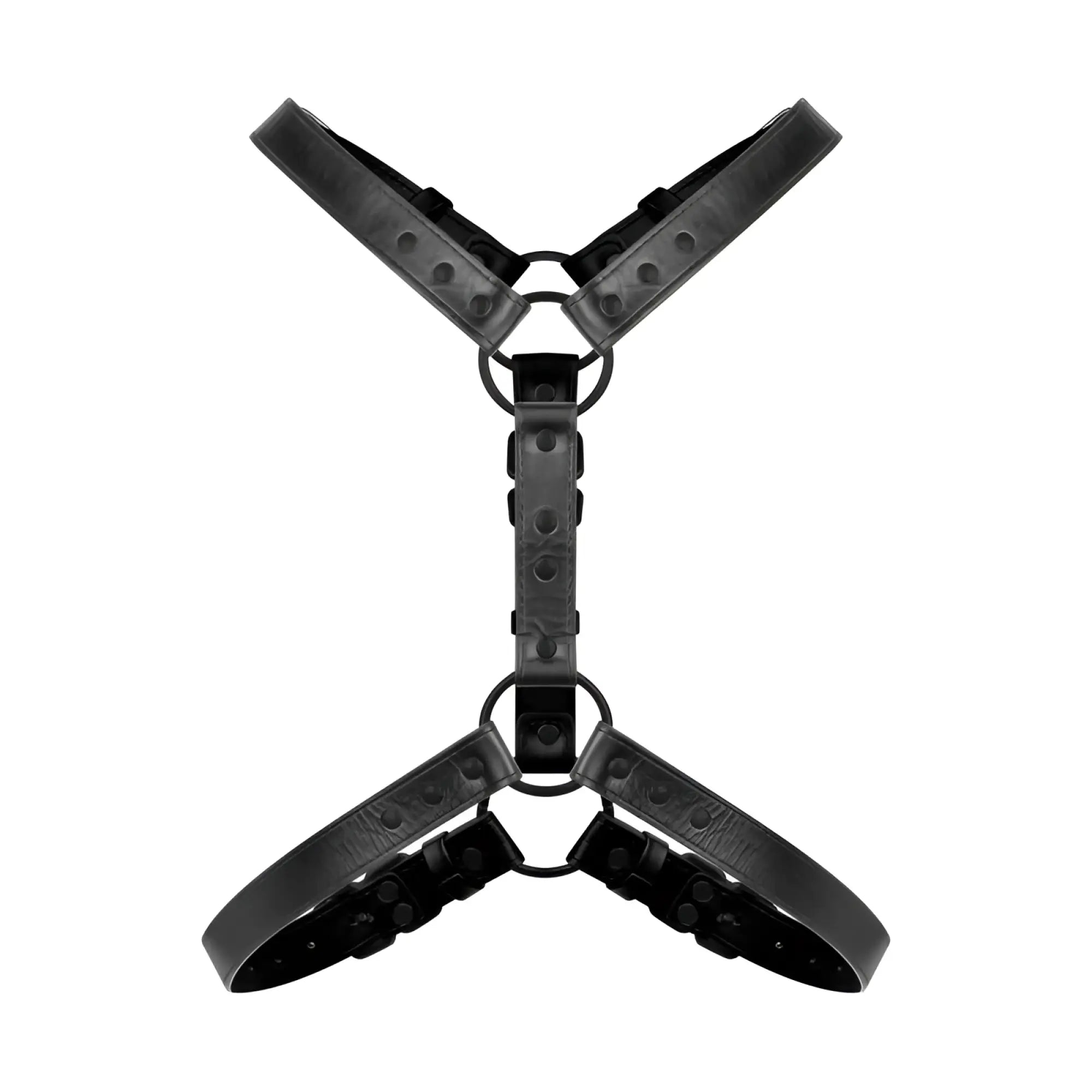 Black leather max bondage harness with reinforced straps and metal hardware for bedroom fantasies use