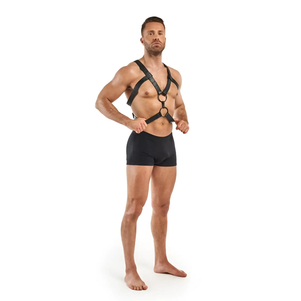 Black leather bondage harness with adjustable straps and metal rings from bedroom fantasies rocco collection