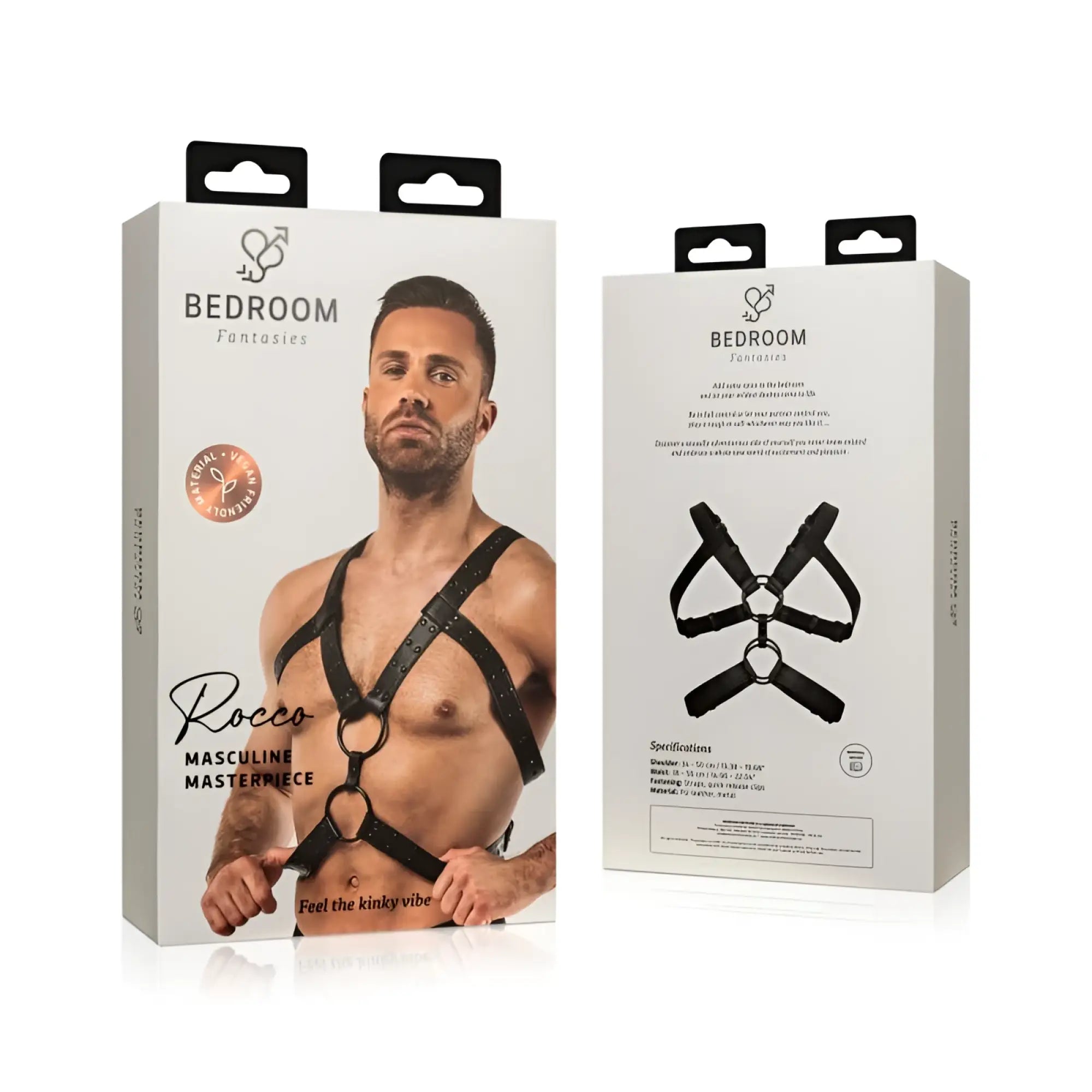 Black leather bondage harness with metal rings and clips branded as rocco by bedroom fantasies