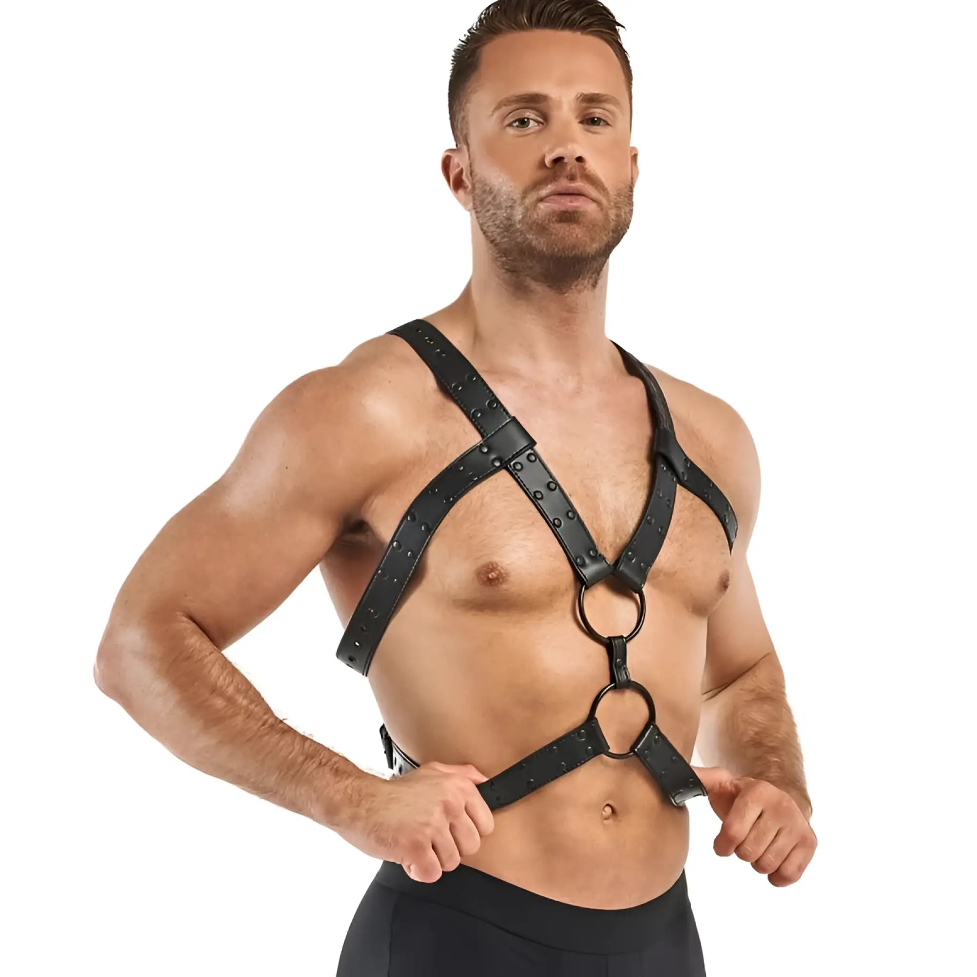 Black leather bondage harness with metal studs and rings from bedroom fantasies rocco collection