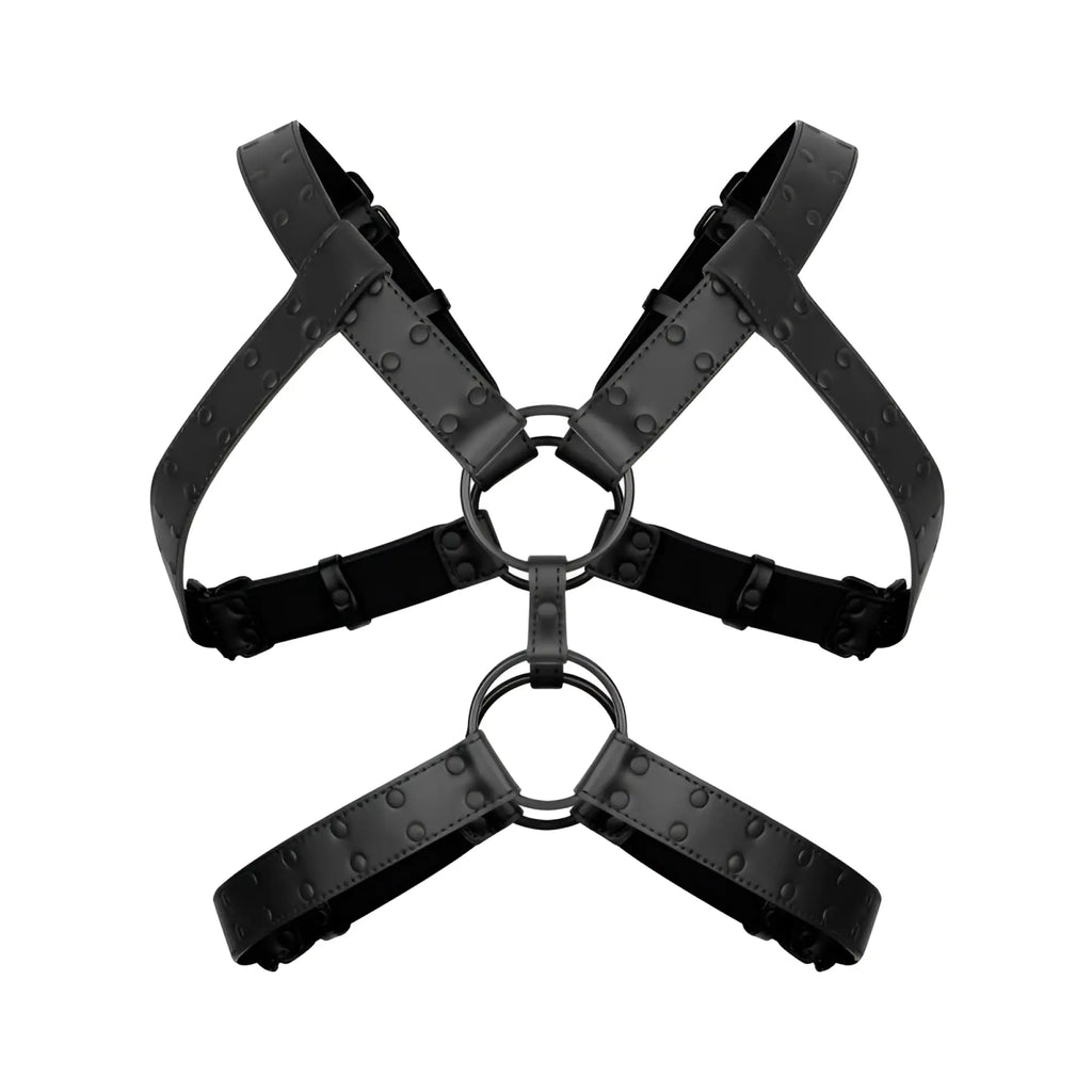 Black leather bedroom fantasies rocco bondage harness with rivet detailing and metal rings for secure fit