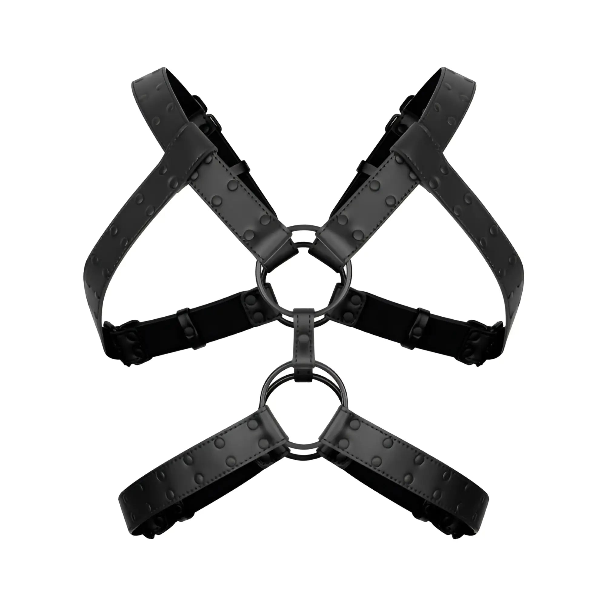 Black leather bedroom fantasies rocco bondage harness with rivet detailing and metal rings for secure fit