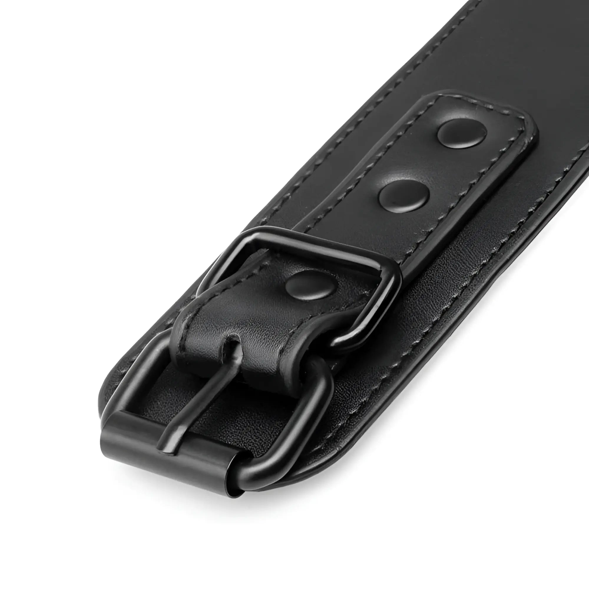 Black leather belt with matte metal buckle and reinforced stitching from bedroom fantasies total restraint complete set black