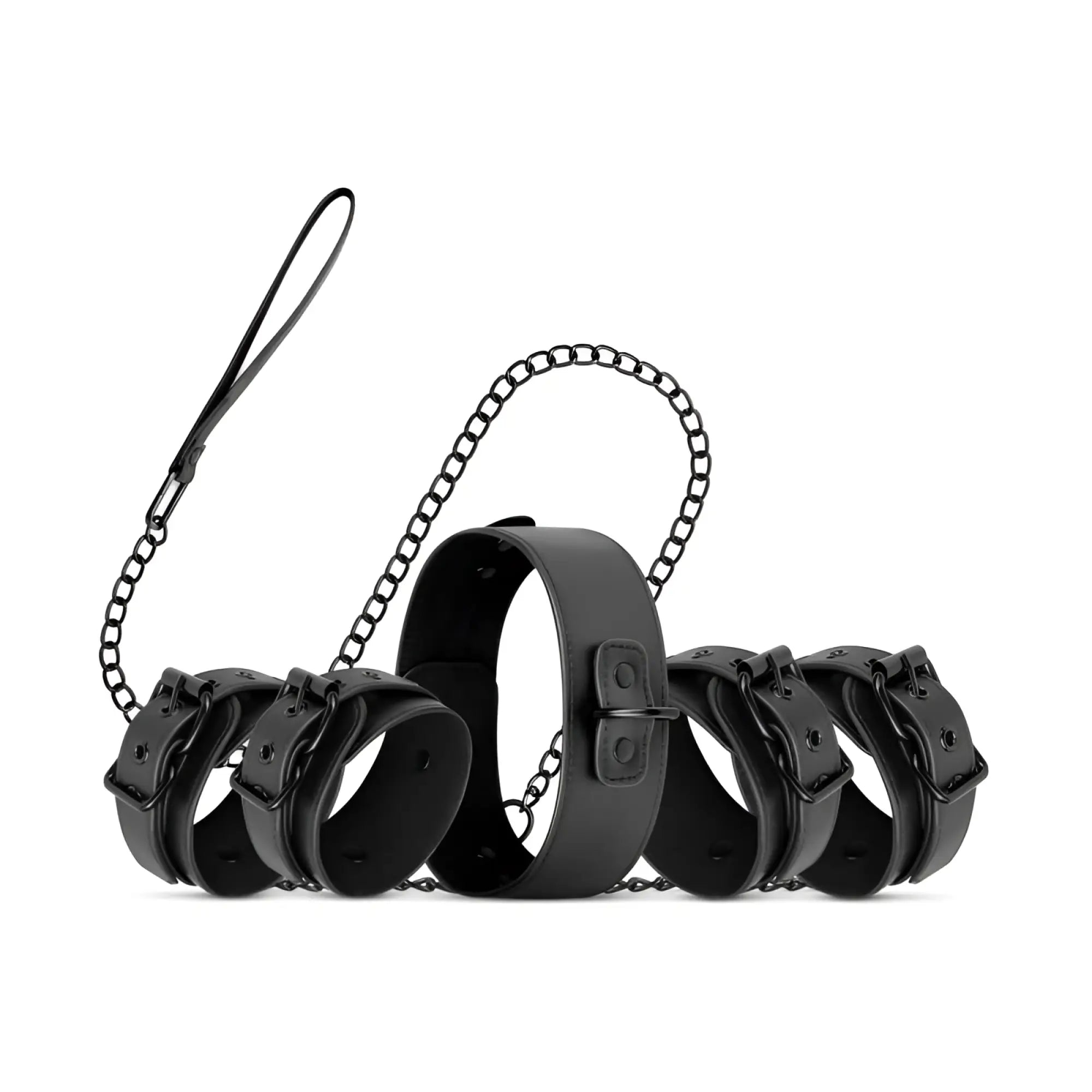 Black leather bondage set with chain links and metal buckles bedroom fantasies total restraint complete set black