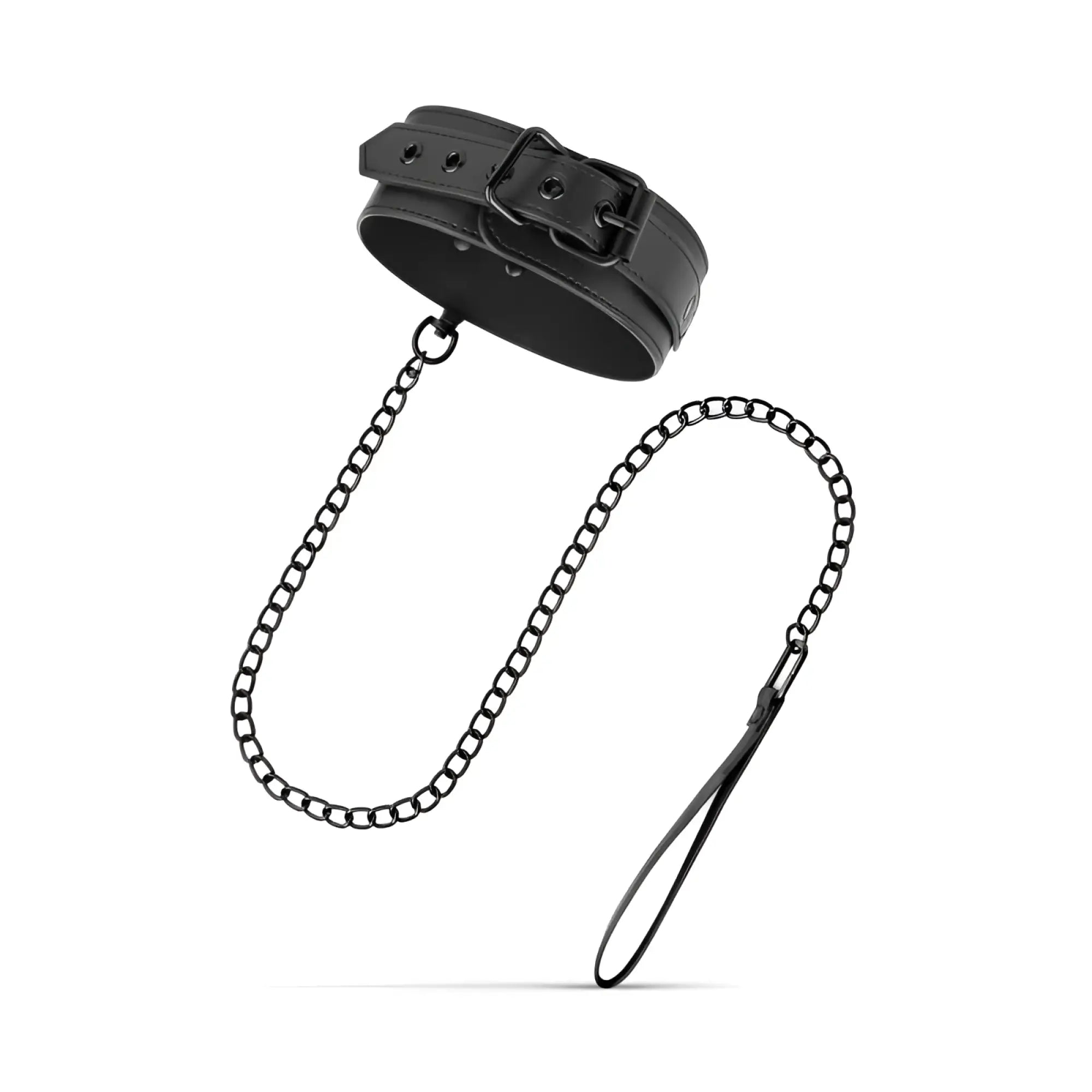 Black leather collar with metal chain and handle from bedroom fantasies total restraint complete set black