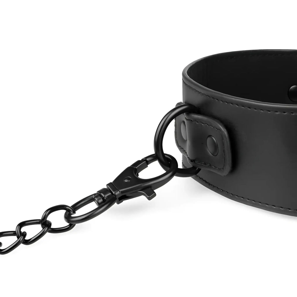 Black leather collar with metal chain and clasp from bedroom fantasies total restraint complete set black