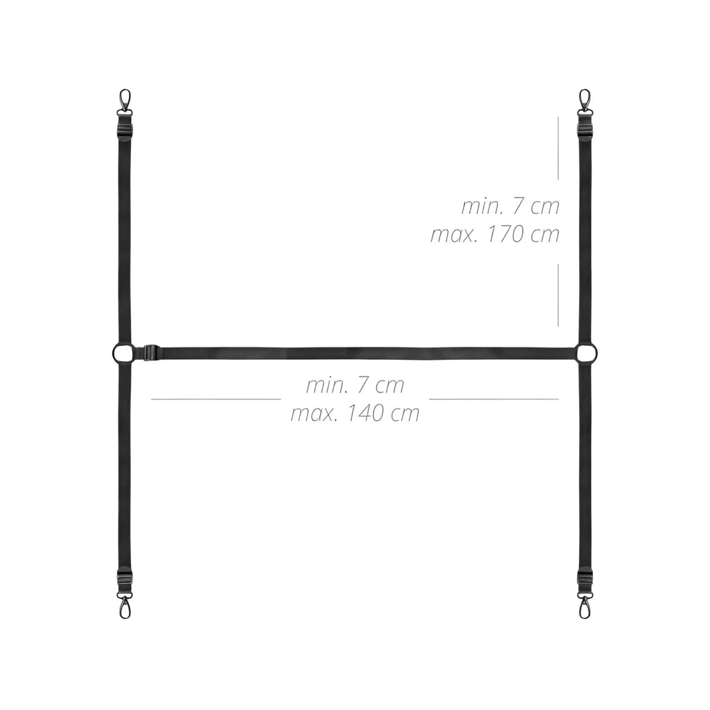 Black adjustable pet harness with metal clasps and hooks in the bedroom fantasies under the bed restraint bondage set