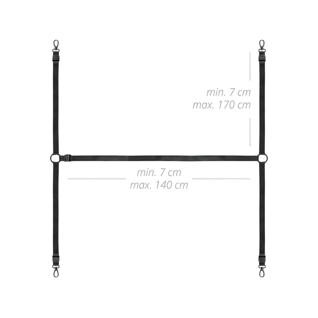 Black adjustable pet harness with metal clasps and hooks in the bedroom fantasies under the bed restraint bondage set