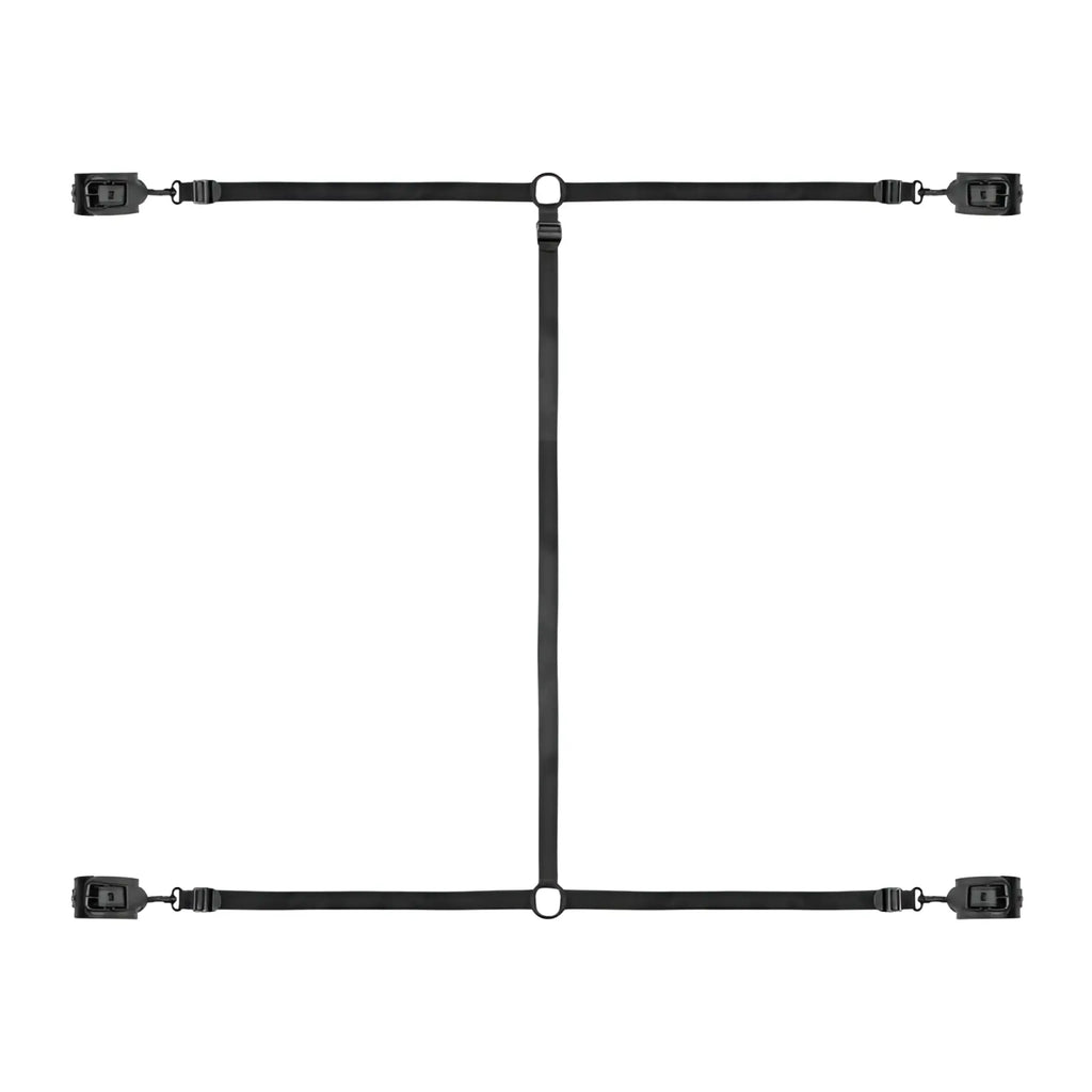 Black fabric restraint harness with adjustable straps and metal buckles for bedroom fantasies under the bed bondage set