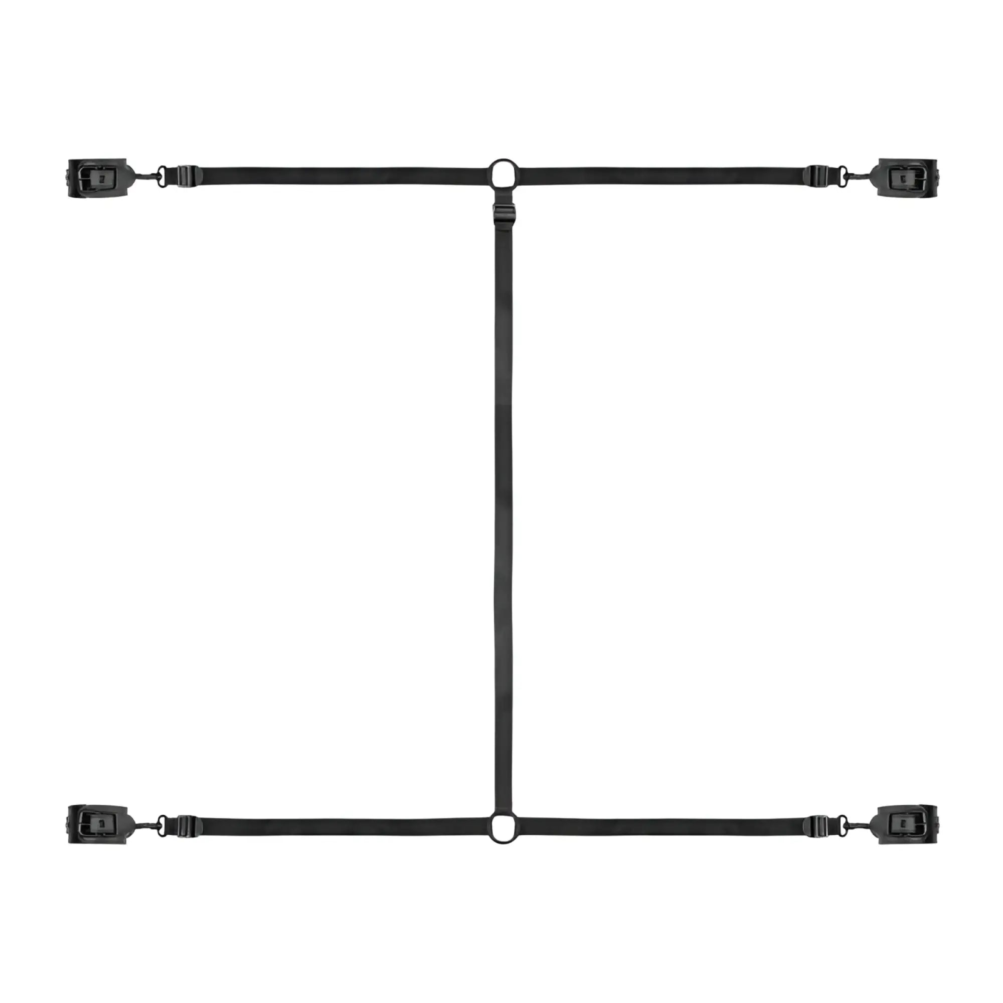 Black fabric restraint harness with adjustable straps and metal buckles for bedroom fantasies under the bed bondage set
