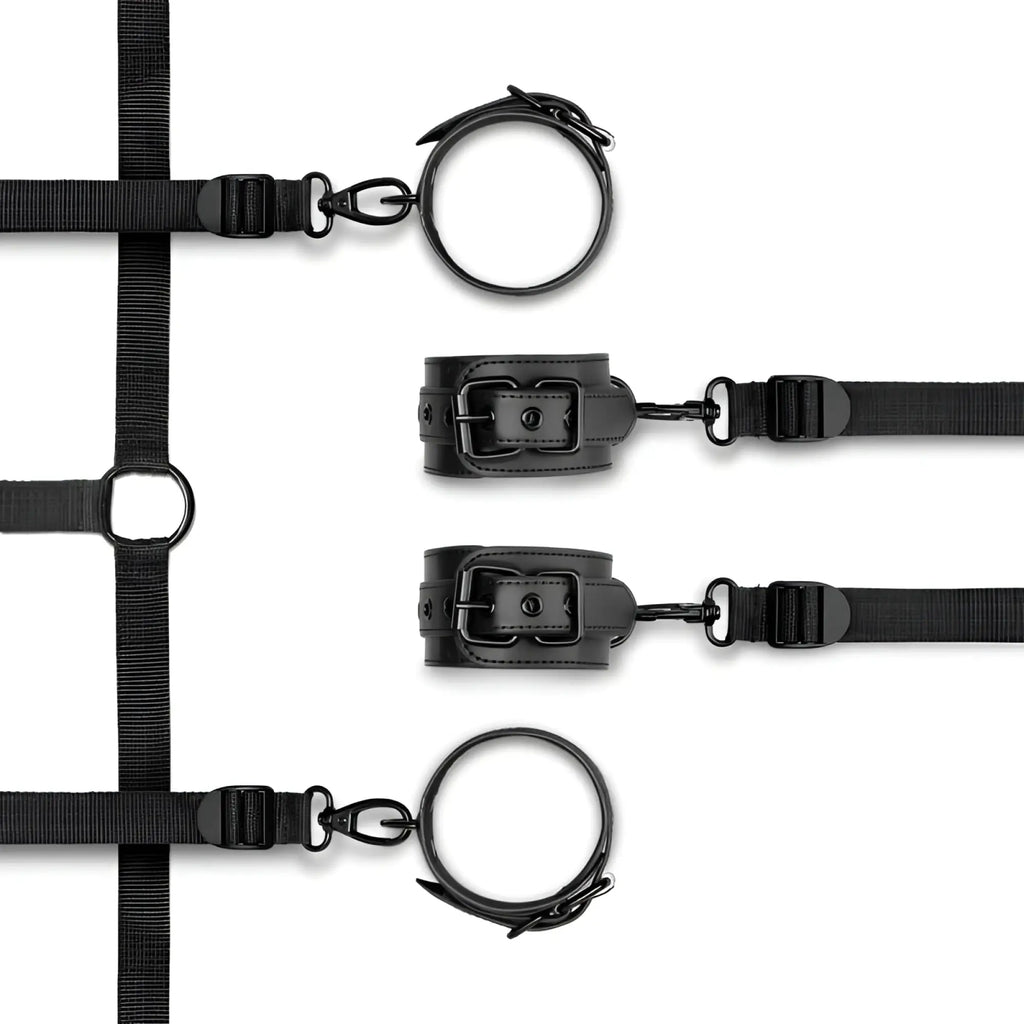 Black leather Bedroom Fantasies under the bed restraint bondage set with adjustable straps and metal clasps
