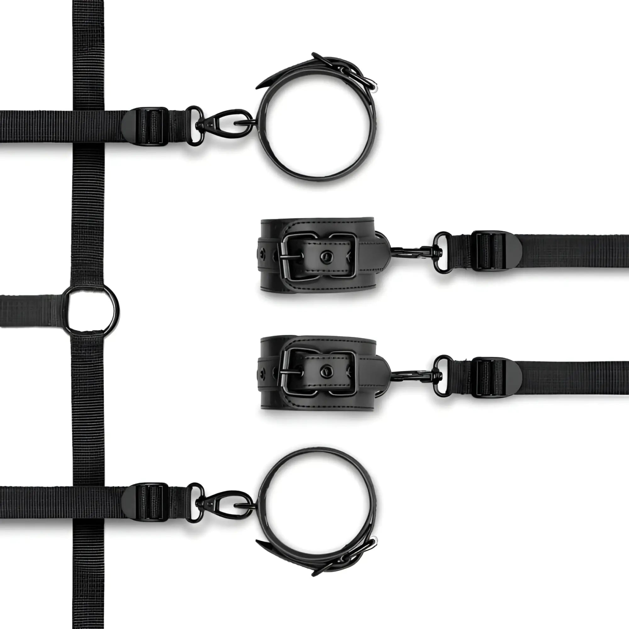 Black leather Bedroom Fantasies under the bed restraint bondage set with adjustable straps and metal clasps