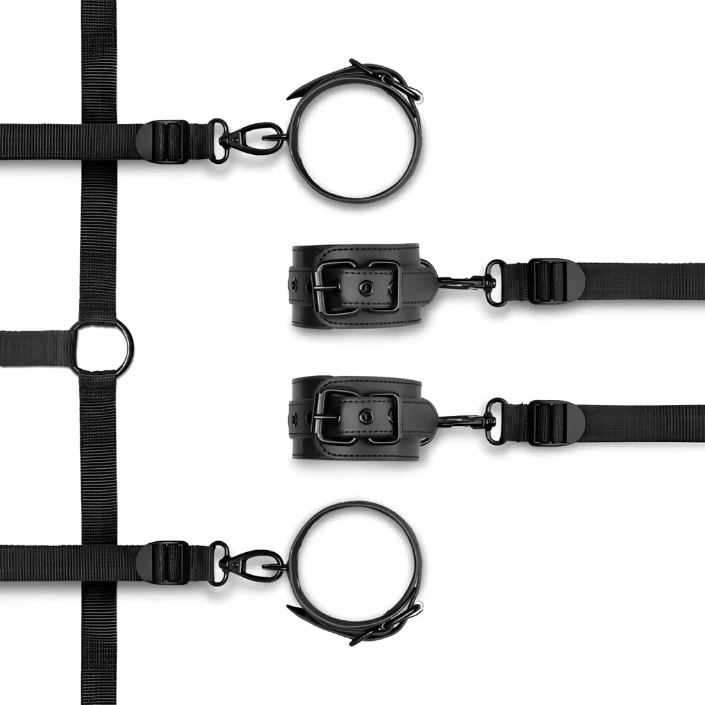 Black leather Bedroom Fantasies under the bed restraint bondage set with adjustable straps and metal clasps