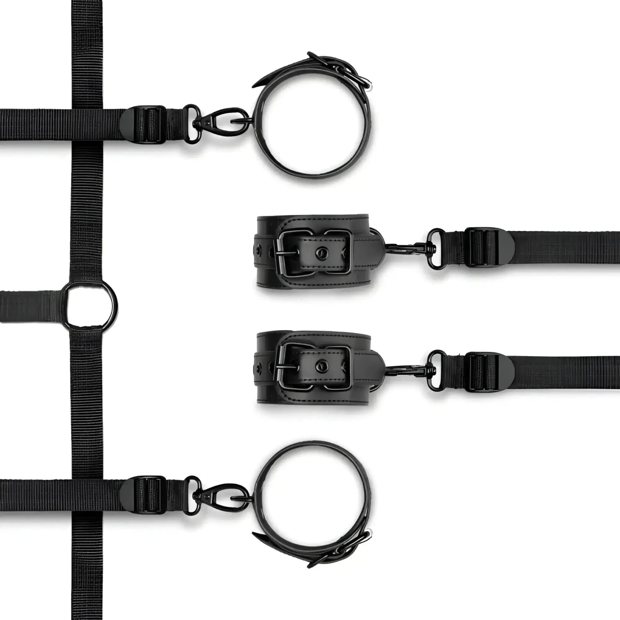Black leather Bedroom Fantasies under the bed restraint bondage set with adjustable straps and metal clasps