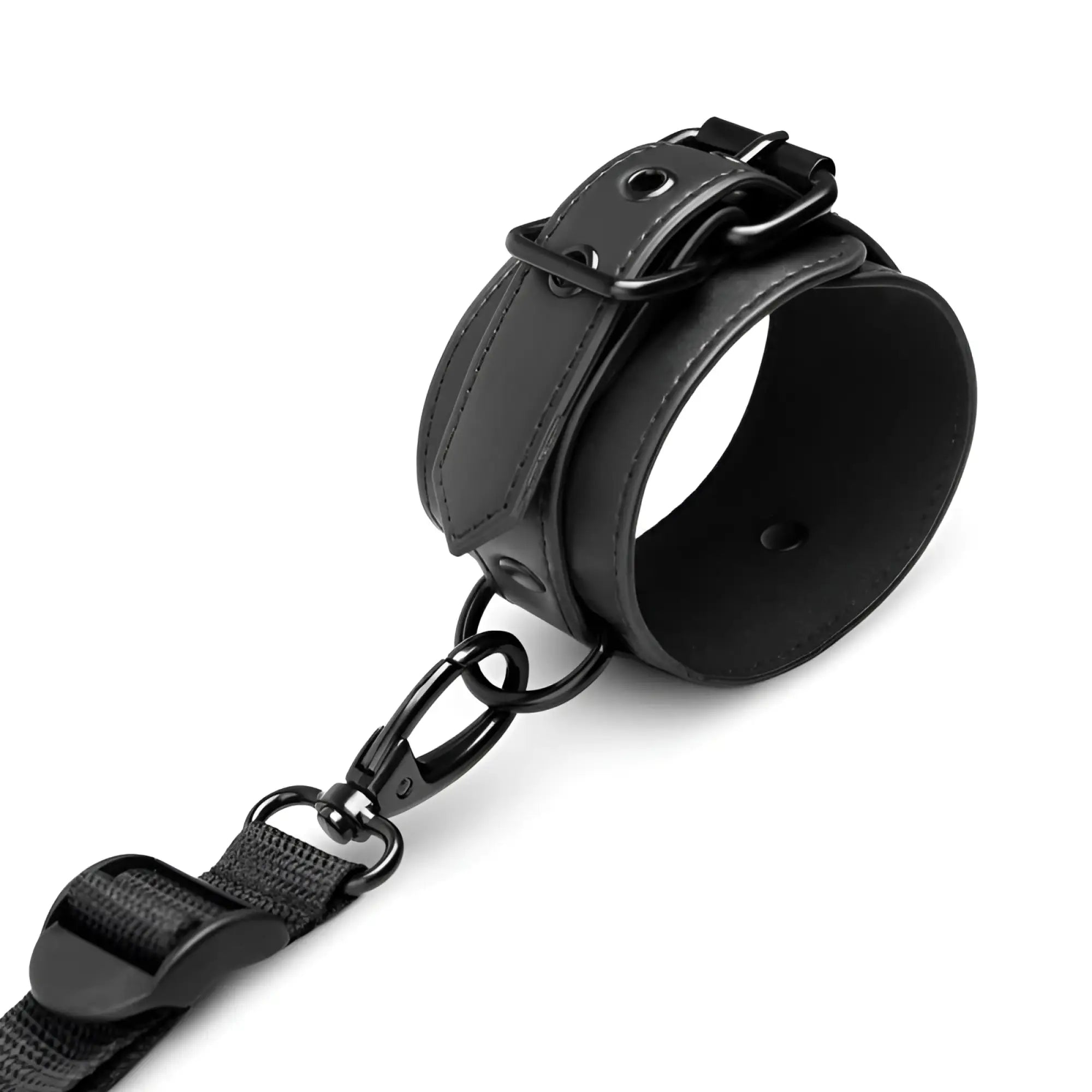 Black leather ankle cuff with metal buckle and chain from bedroom fantasies under the bed restraint bondage set