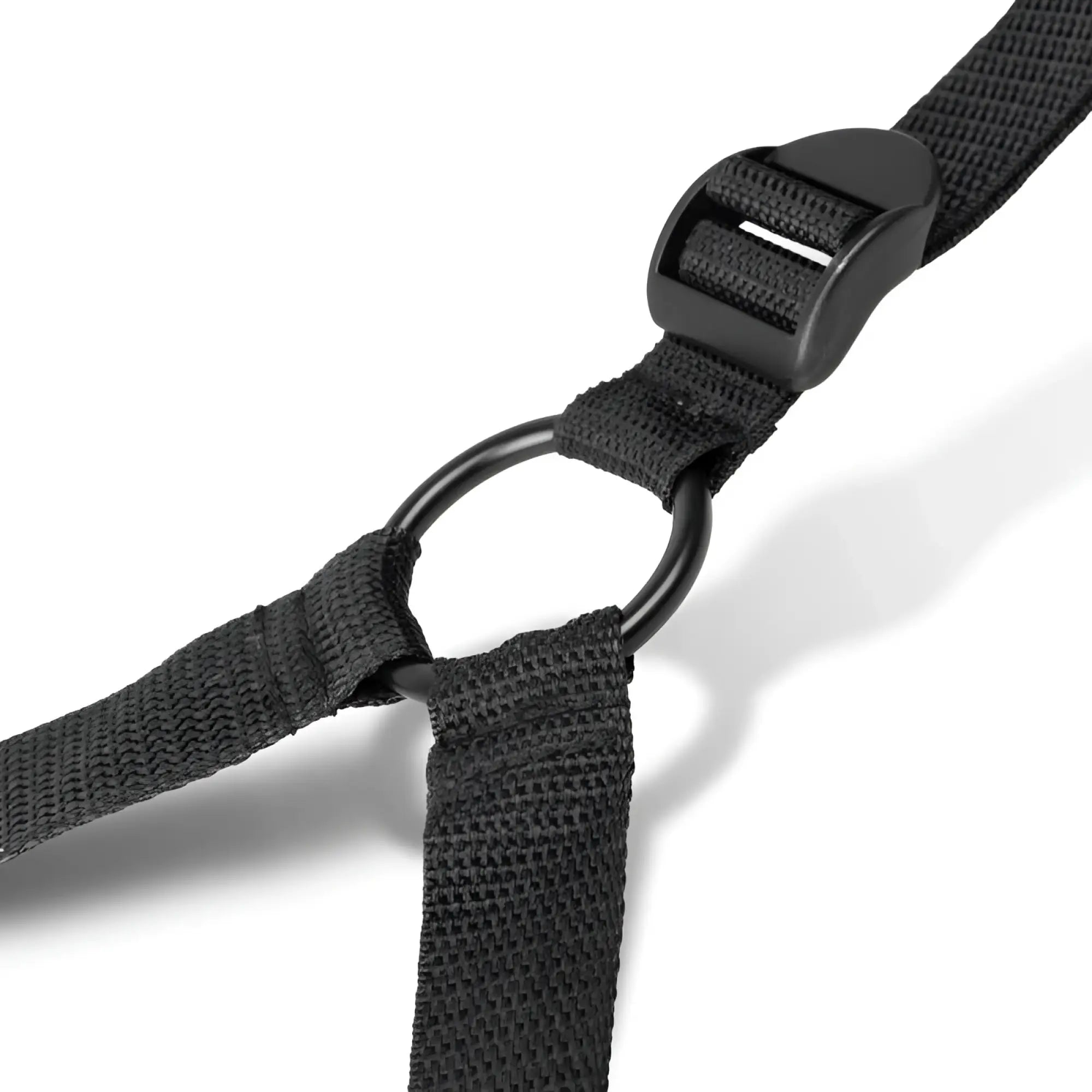 Black woven nylon strap with black plastic buckle and metal ring in bedroom fantasies under the bed restraint set