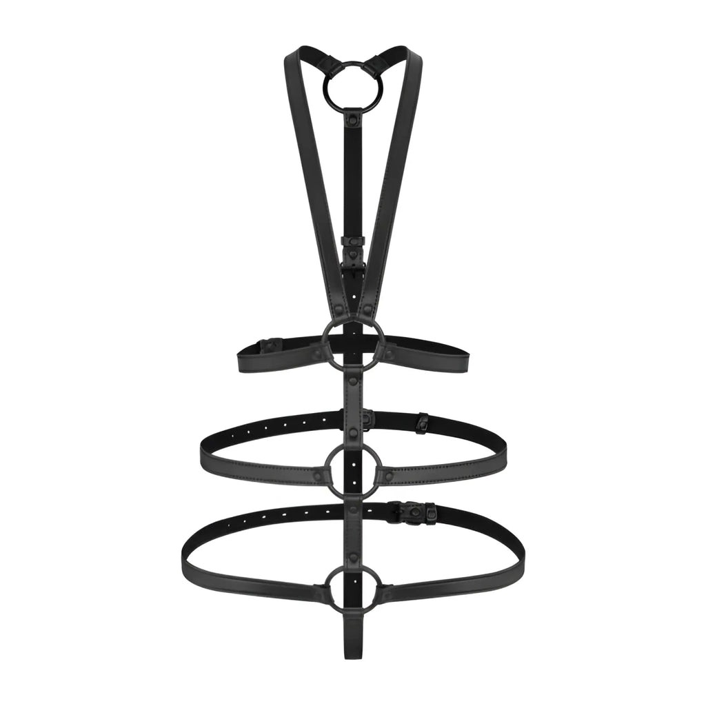 Black leather bedroom fantasies vera bondage harness with multiple rings and adjustable straps visible from the back
