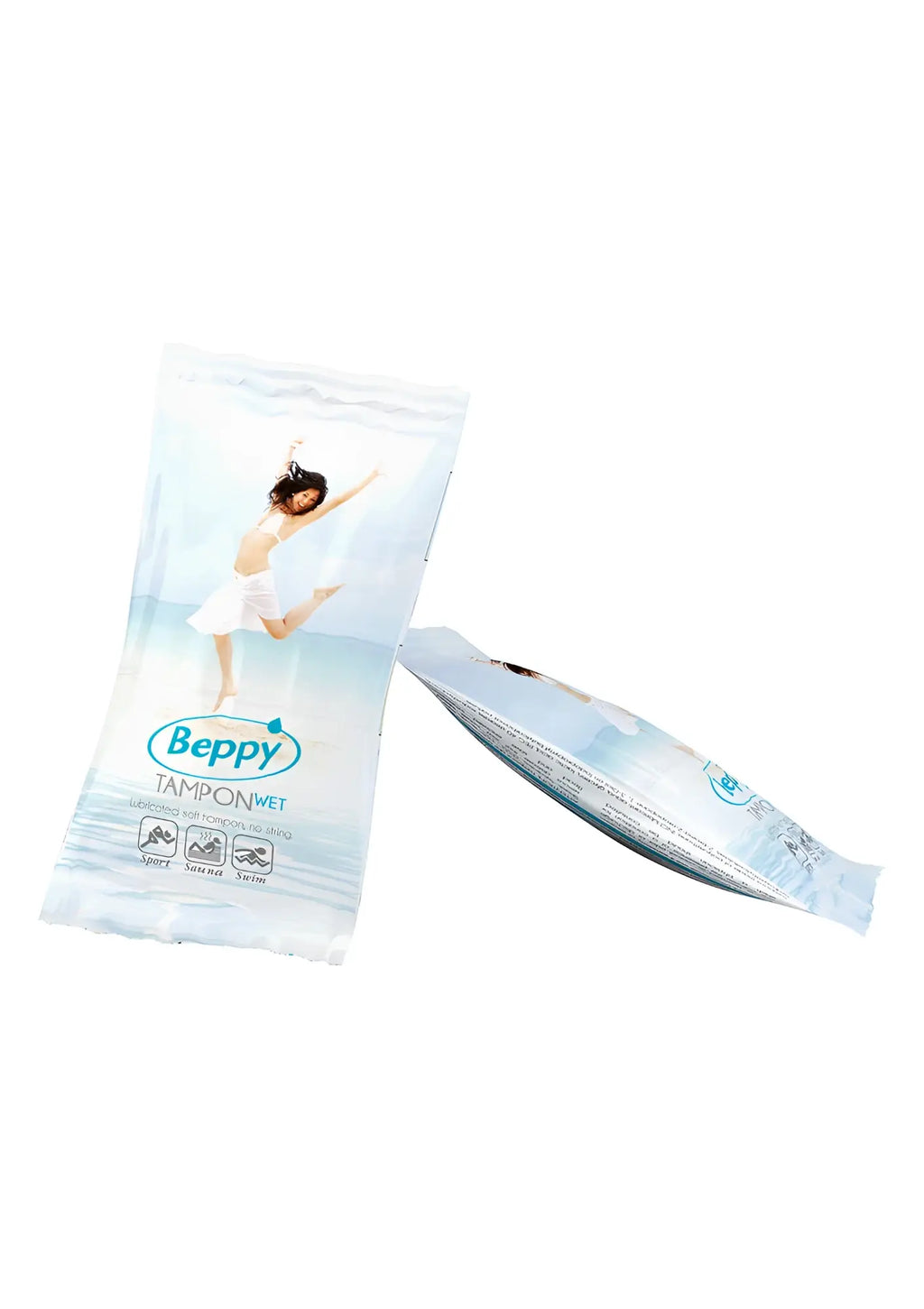 Beppy Soft+Comfort wet tampon in light blue and white foil wrapper with image of woman dancing on the beach