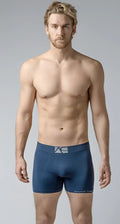 Navy blue Best Trunks boxer briefs with white logo waistband and brand name printed along the leg seam