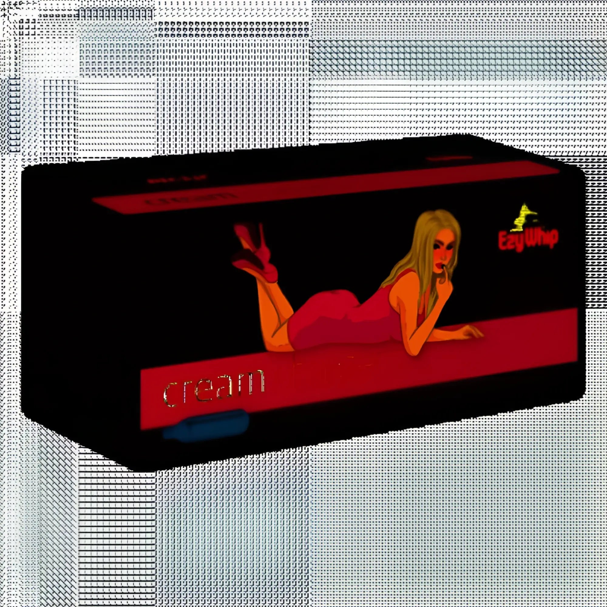 Black rectangular box with red accents featuring a woman in pink lingerie and ezywhip branding for nitrous chargers