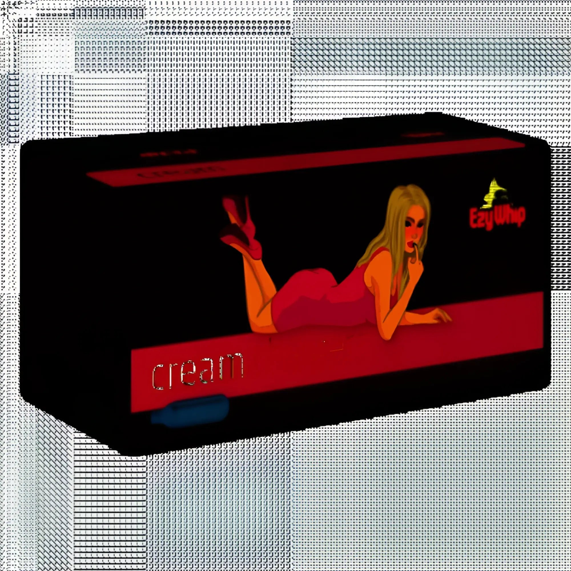 Red and black rectangular box of easy whip featuring a stylized woman in pink lingerie for best whip ezywhip ultra cream 8g n2o chargers 50 pc