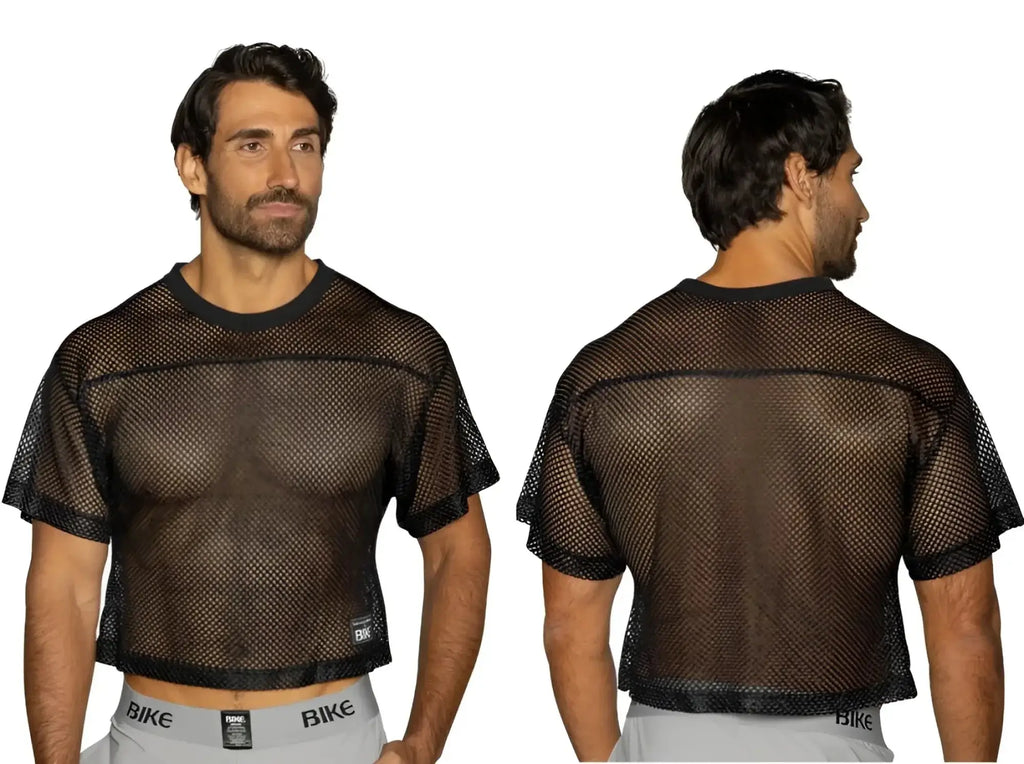 BIKE Athletic BAM134 short sleeve practice jersey in black: front and back view on a male model.