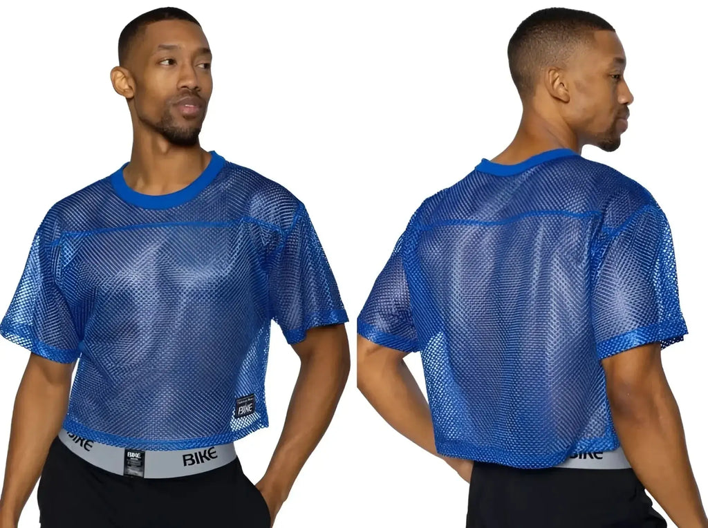 BIKE Athletic BAM134 short sleeve practice jersey in royal, showing front and back views on a model.