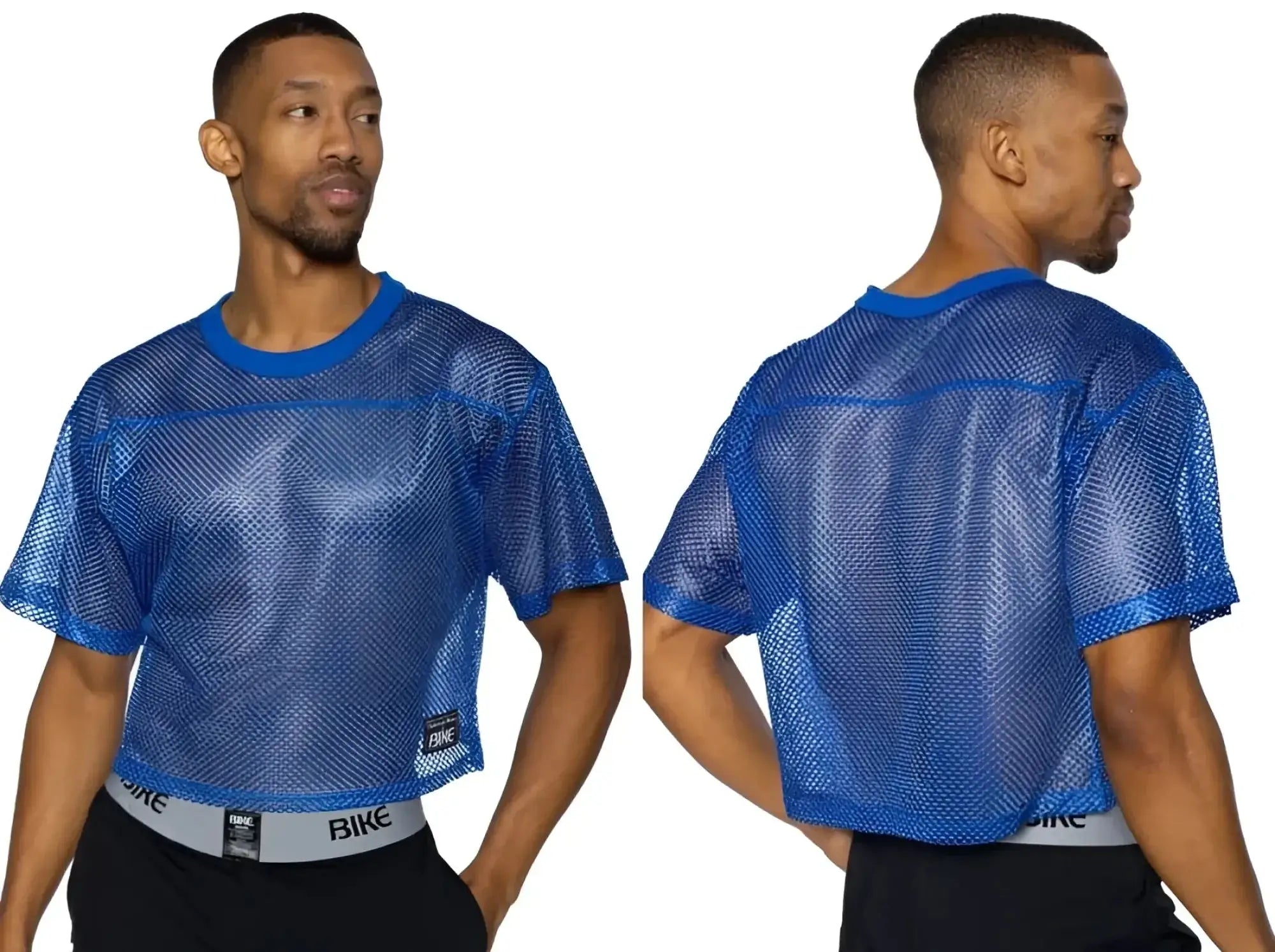 BIKE Athletic BAM134 short sleeve practice jersey in royal, showing front and back views on a model.