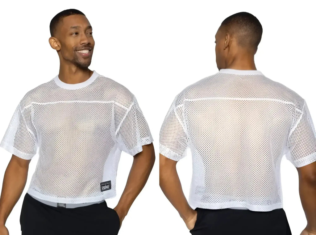 Front and back view of a white BIKE Athletic BAM134 short sleeve mesh practice jersey on a male model.