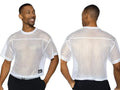 Front and back view of a white BIKE Athletic BAM134 short sleeve mesh practice jersey on a male model.