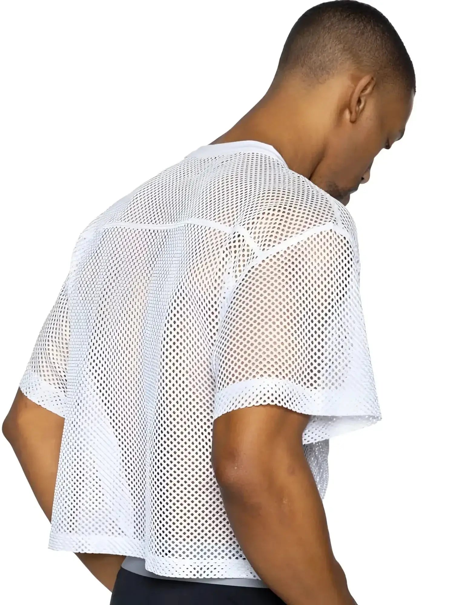 BIKE Athletic BAM134 short sleeve practice jersey in white, shown from a rear angle on a model.
