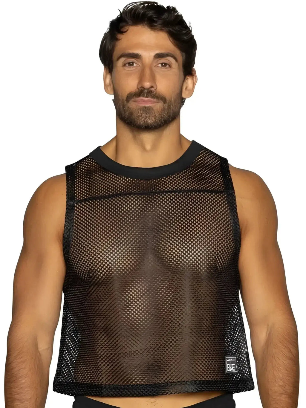 Front view of a man wearing a black BIKE Athletic BAM135 sleeveless mesh practice jersey.