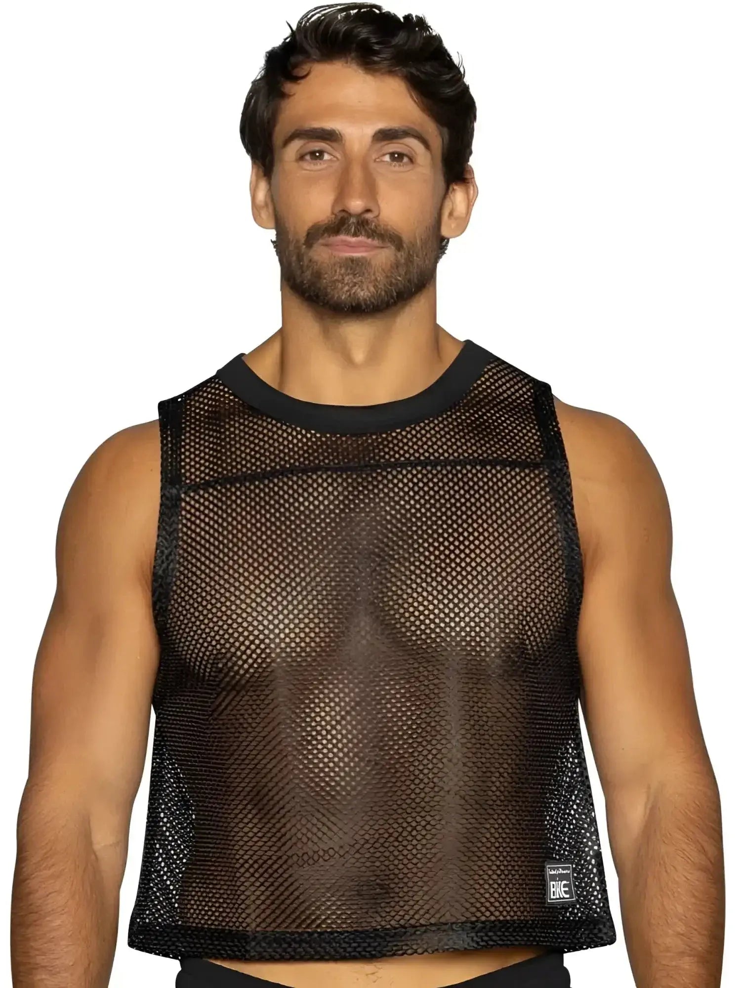 Front view of a man wearing a black BIKE Athletic BAM135 sleeveless mesh practice jersey.