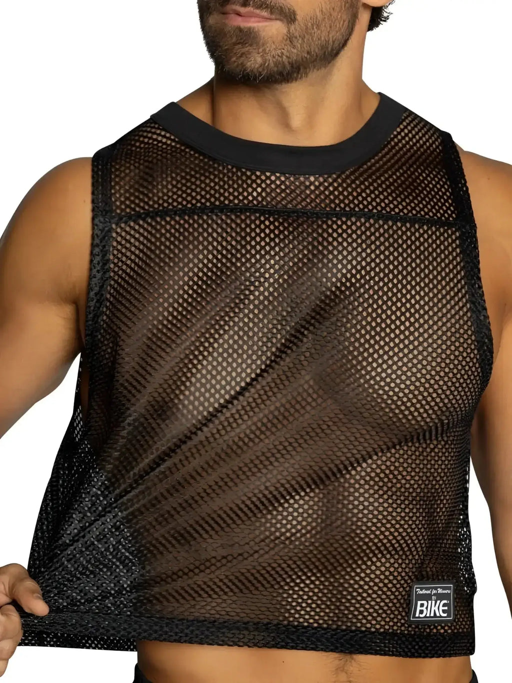 BIKE Athletic BAM135 sleeveless mesh practice jersey in black, front view on a model.