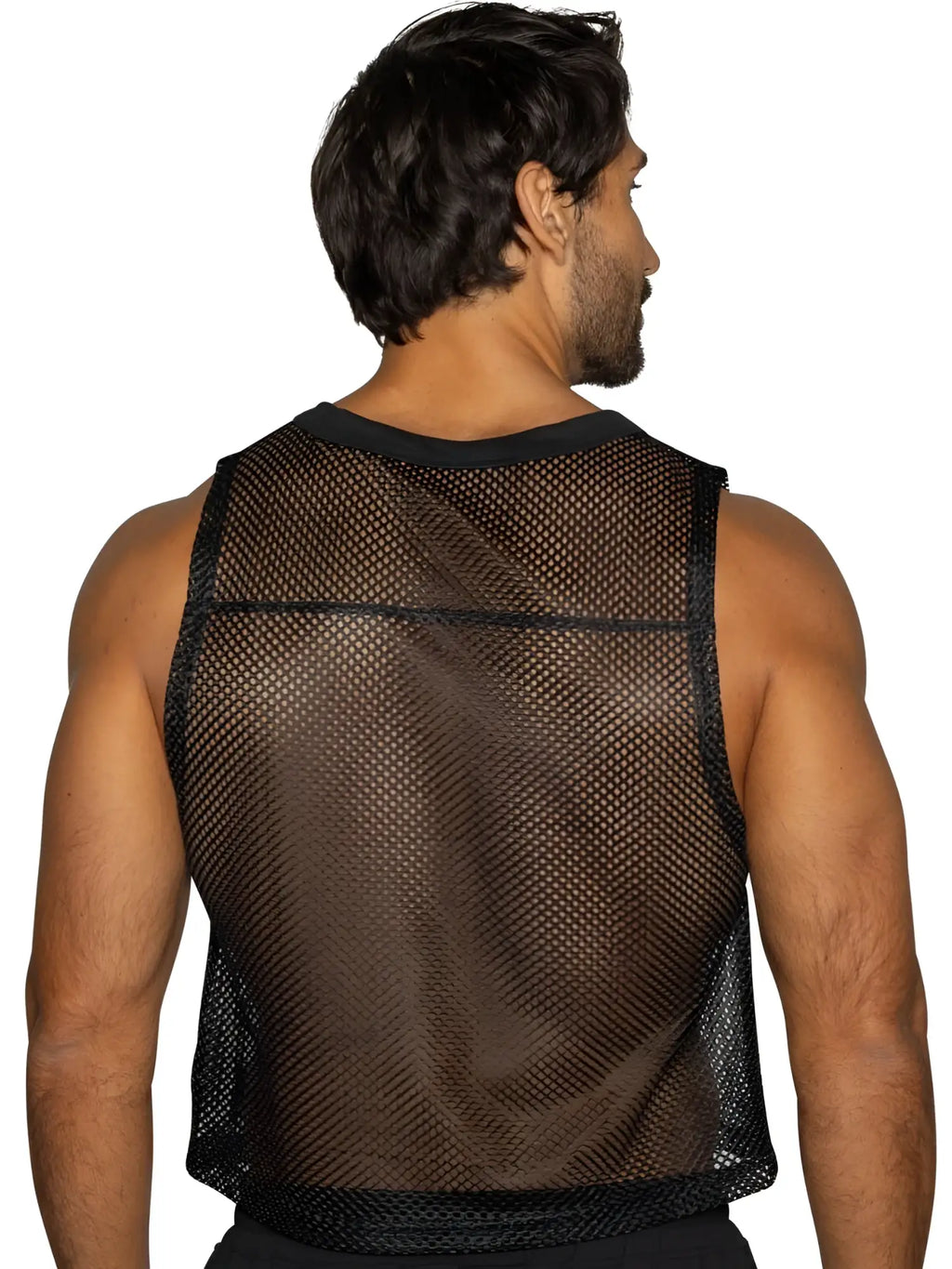 BIKE Athletic BAM135 sleeveless mesh practice jersey in black, back view on a model.
