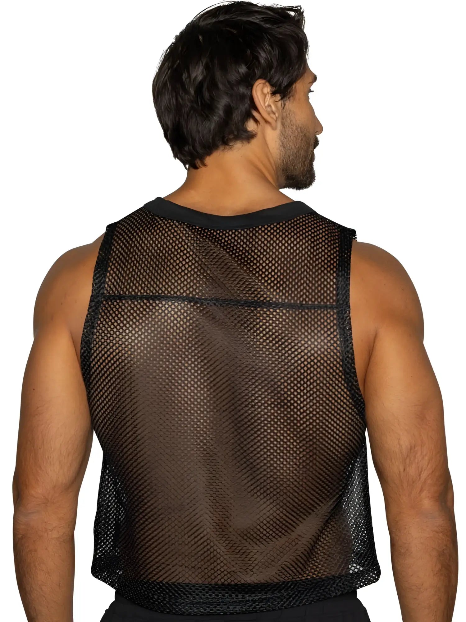 BIKE Athletic BAM135 sleeveless mesh practice jersey in black, back view on a model.