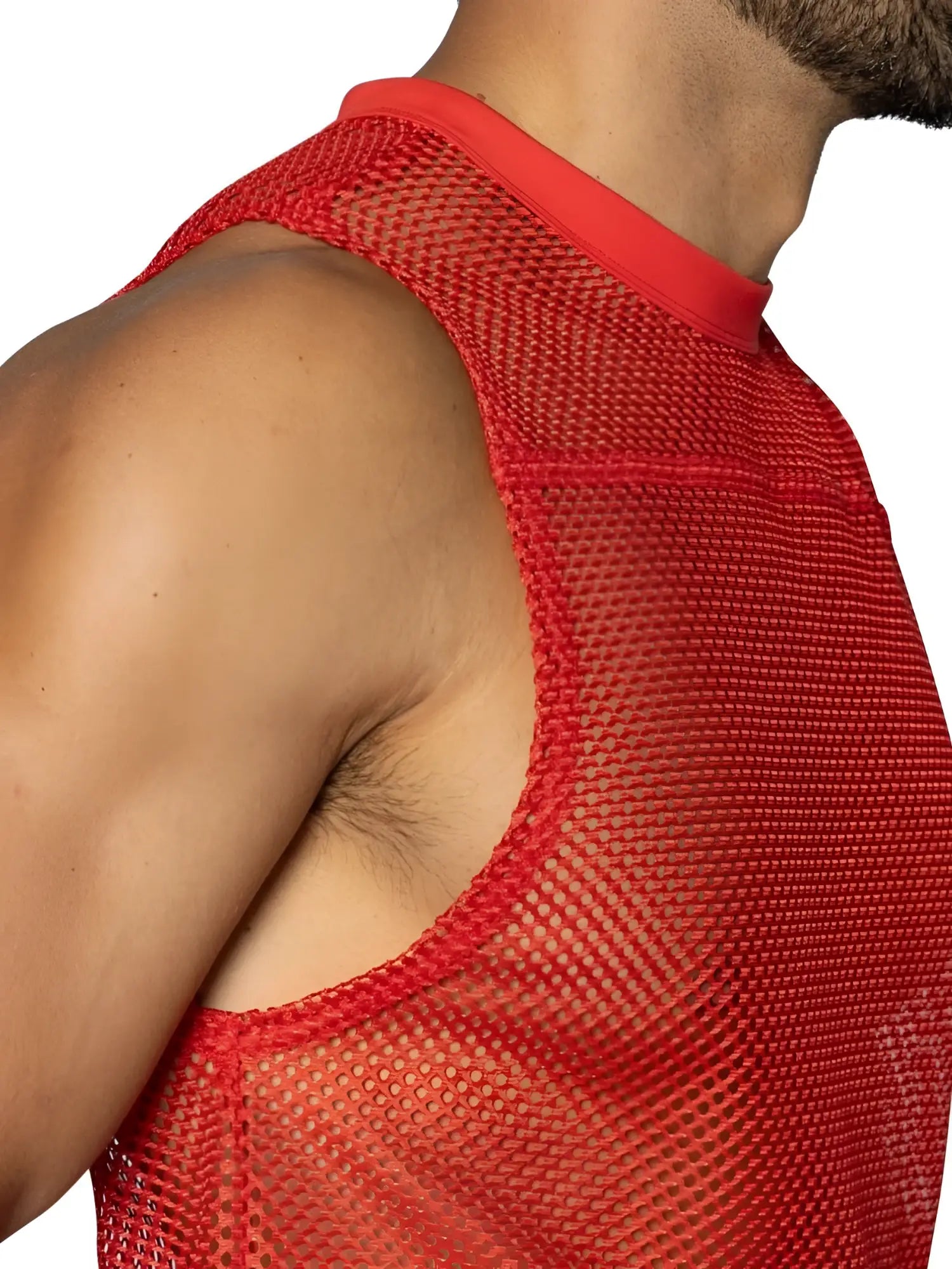 Close-up of a model wearing a red BIKE Athletic BAM135 sleeveless practice jersey.