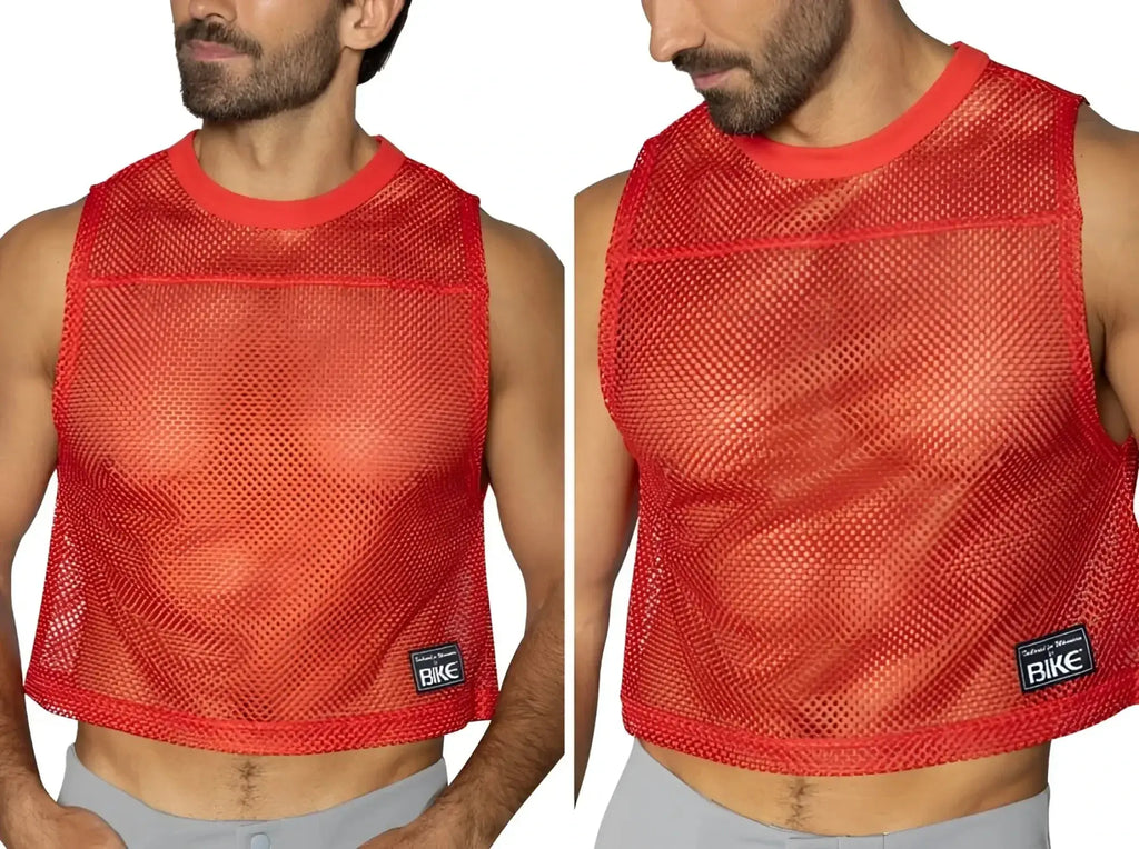 Front and side view of the red BIKE Athletic BAM135 sleeveless mesh practice jersey worn by a model.