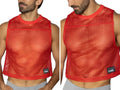 Front and side view of the red BIKE Athletic BAM135 sleeveless mesh practice jersey worn by a model.