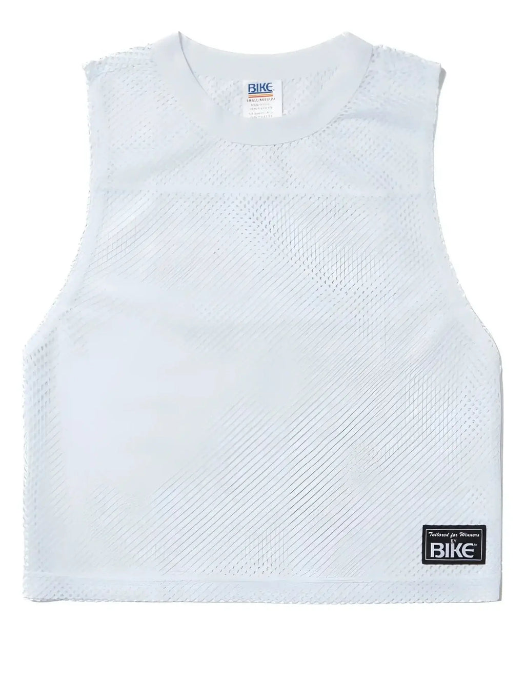 White sleeveless mesh crop top by Bike with a crew neck and branded patch at the bottom hem.