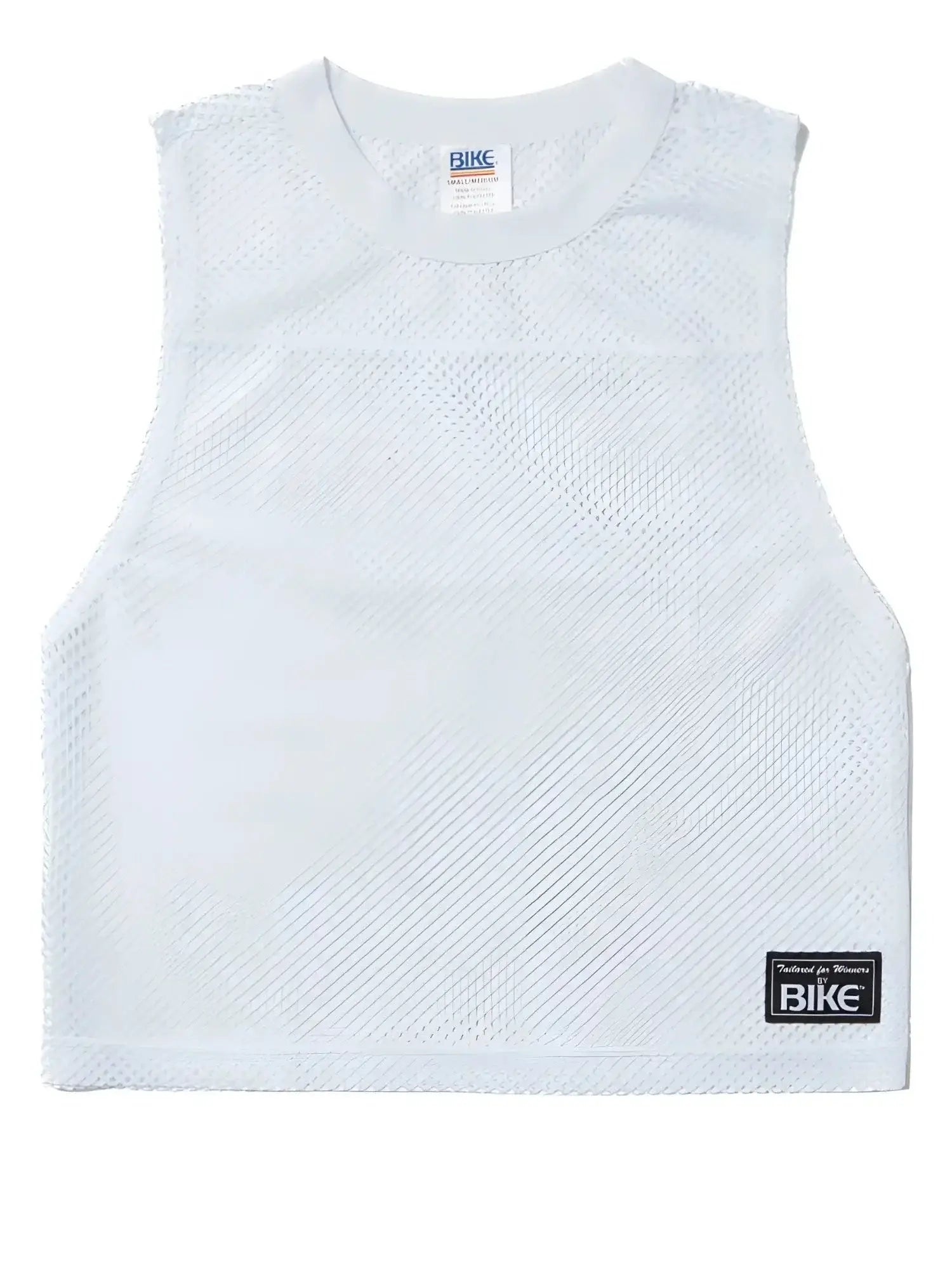 White sleeveless mesh crop top by Bike with a crew neck and branded patch at the bottom hem.